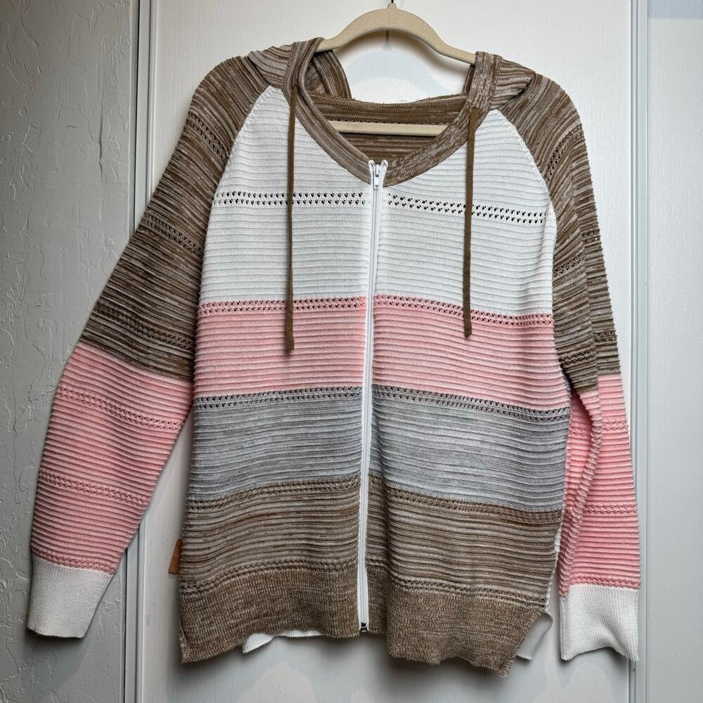Women Sweather  Soft Pastel Pink Brown Gray White Hoodie  Zipper Front Size L